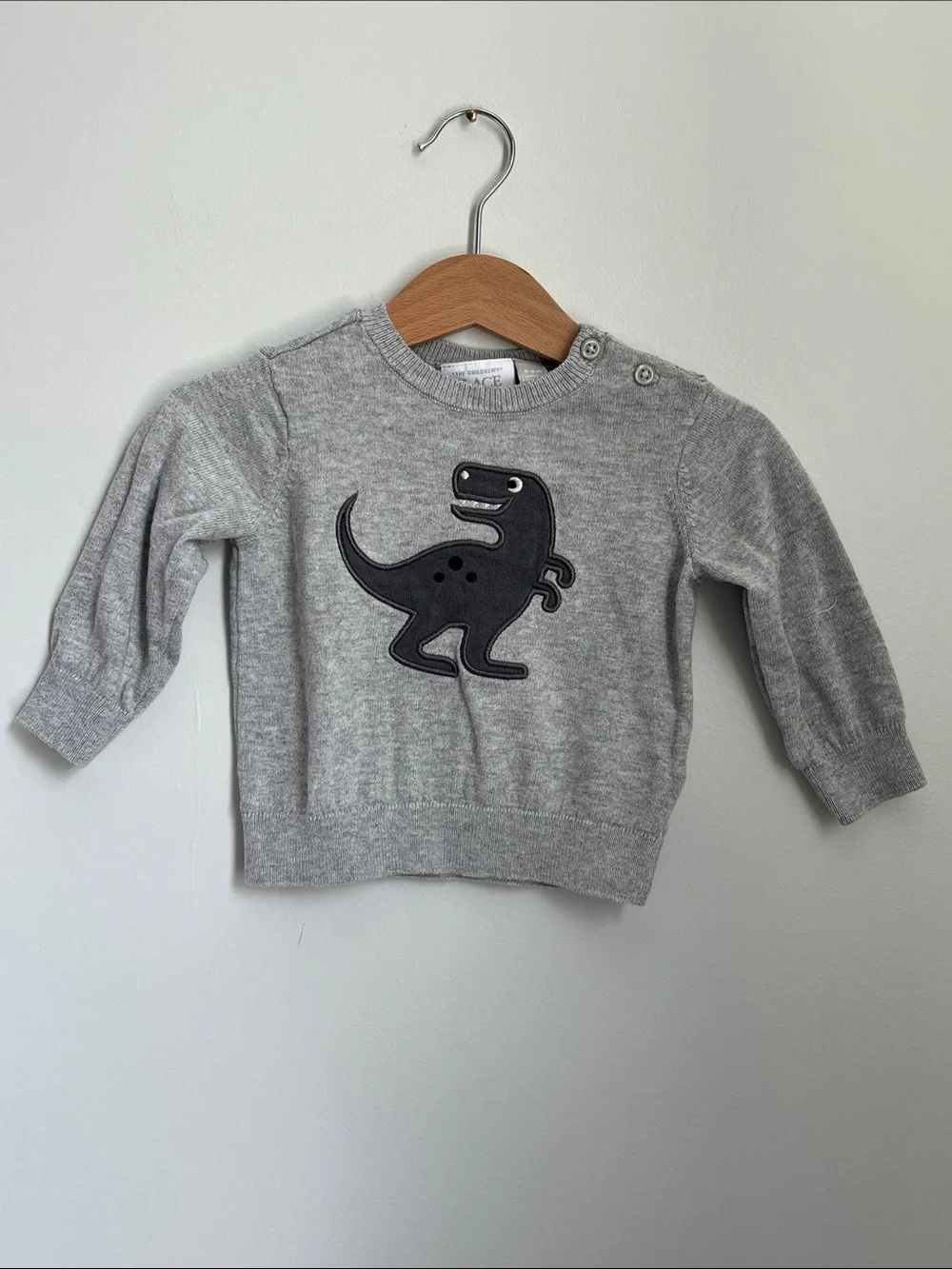 The Children’s Place | Baby Gray Dino Applique Crewneck Sweater Buttons Sz 6-9M